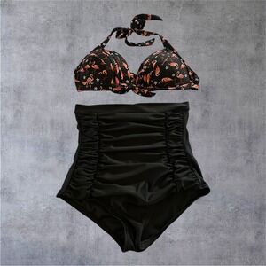 Unique Vintage Swim Bikini Swimsuit Womens Medium Black Flamingo High Waist EUC